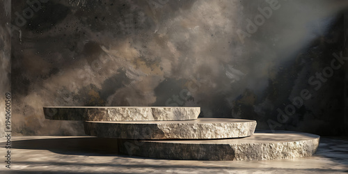 Cylindrical Stone Platforms In Moody Light With Floating Dust Particles