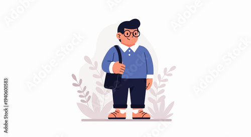 A young person with glasses and a messenger bag, standing amidst decorative foliage