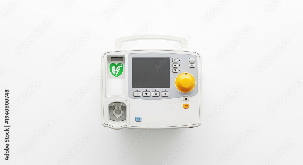 Fototapeta premium Top-Down View of a Vital White Medical Emergency Defibrillator with Screen, Array of Controls, Large Yellow Dial, and Essential Warning Symbol