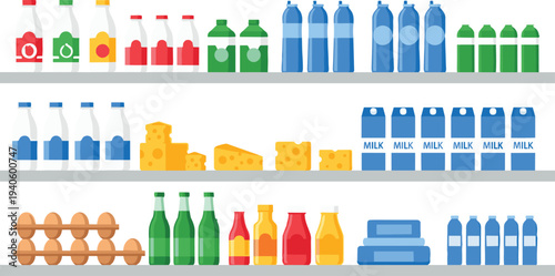 Supermarket shelf with milk bottles cheese eggs and grocery products vector illustration