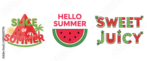 A colorful illustration displays summery phrases incorporating watermelon vector t shirt slices and tropical foliage high quality professional