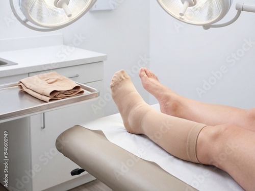 Lymphedema: Professional photography, close-up of one significantly swollen leg compared to the other, medical compression stocking nearby, clean clinical lighting.