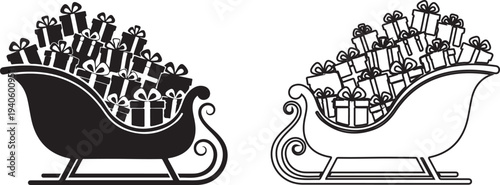 Santa sleigh full of gift boxes illustration isolated on transparent background for christmas design