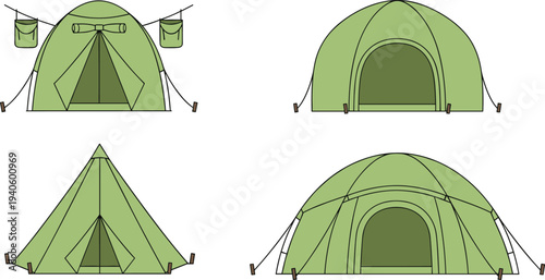 Camping tents set different outdoor shelter types for camping and hiking vector illustration