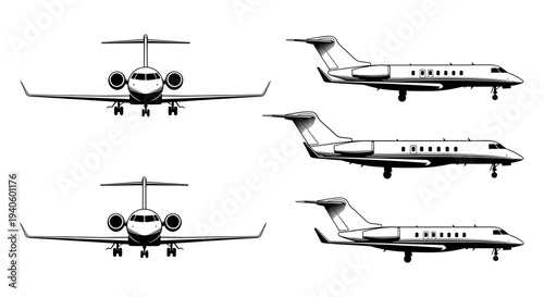 Private Jet Aviation Technical Illustrations: Front and Side View Business Aircraft Set