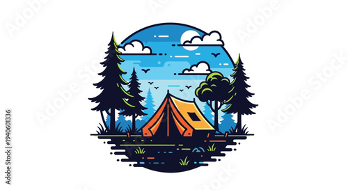 A vibrant illustration depicts a cozy camping scene with a tent nestled among tall trees under a starry night sky