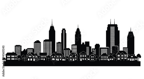 A stark black and white skyline illustration depicts a dense urban cityscape with varied building heights and silhouettes high quality professional
