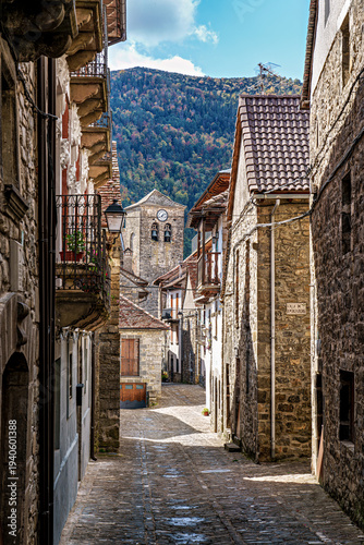 Old town of the beautiful village Anso, Pyrenees region, Huesca, Aragon, Spain.