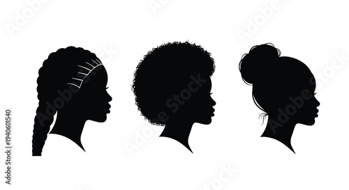 A striking silhouette illustration showcases three african women s profiles each featuring a distinct natural hairstyle high quality professional detailed
