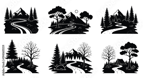 A collection of six black and white vector illustrations depicting winding roads through mountainous landscapes with trees high quality