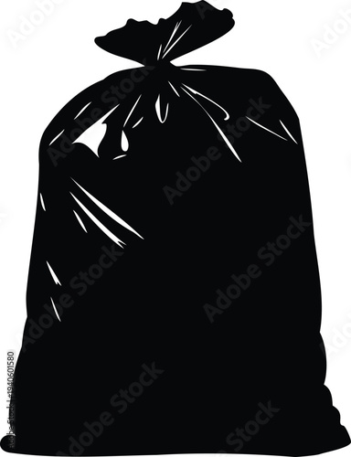 Garbage bag silhouette vector illustration, black trash bag icon, waste disposal bag symbol design