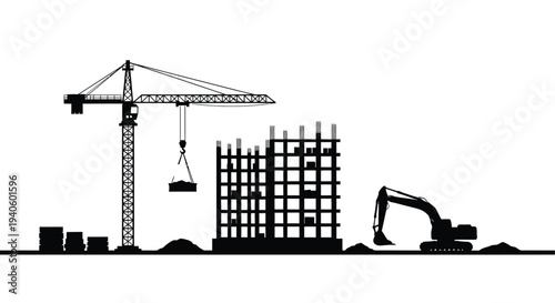 A stark black silhouette depicts a construction site featuring a crane building framework excavator and distant city skyline