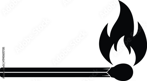 Single black silhouette of a wooden matchstick with a large, bright flame burning strongly on the tip against a plain white background for.