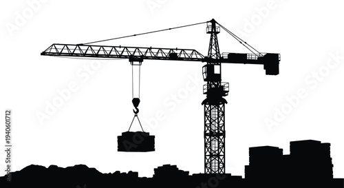 A stark black silhouette depicts a towering construction crane lifting a concrete block over a cityscape outline high quality