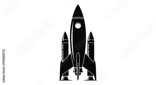 A minimalist black silhouette of a retro style rocket ship featuring fins and a circular window against a plain white background