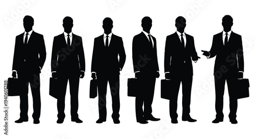 A silhouette illustration depicts six businessmen in suits each carrying a briefcase suggesting a corporate or professional setting