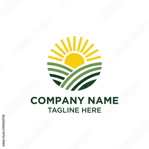 Sunny Agricultural Landscape Logo Design Bright Yellow Sun Shining Over Green Rolling Hills Vector Graphic for Farming and Organic Products Business Branding and Company Identity