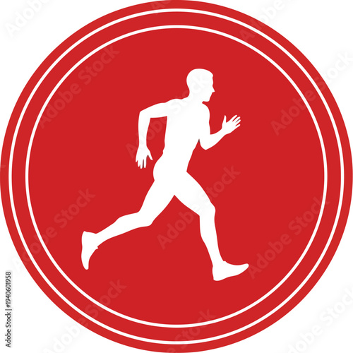 Silhouette of a muscular male runner captured mid-stride inside a bold red circular frame, signifying fitness and athletic competition goals.