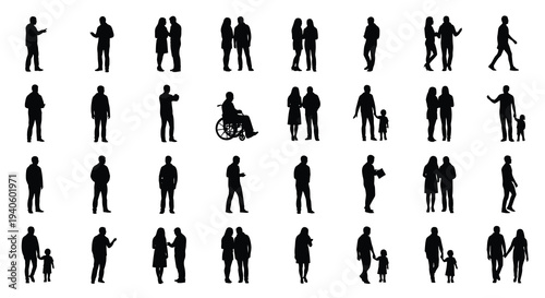 A collection of black silhouettes depicts diverse groups of people interacting walking and standing together on a white background
