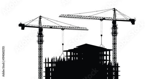 A striking black silhouette depicts construction cranes towering over an incomplete building structure against a bright white background
