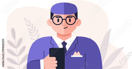 A cartoon man in a suit and glasses holds a smartphone, with stylized plants in the background