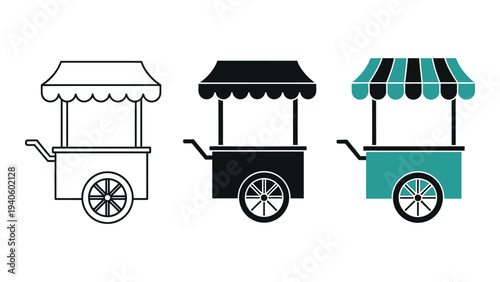 Three different colored food carts with wheels and canopies