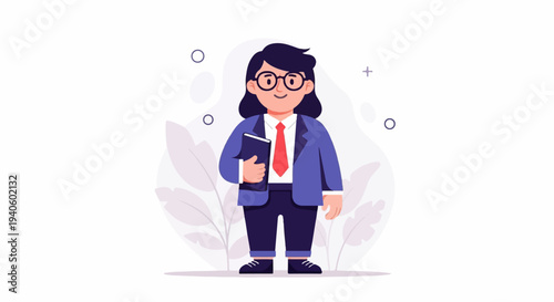 A smiling cartoon person in glasses, blue suit, red tie, holding a book