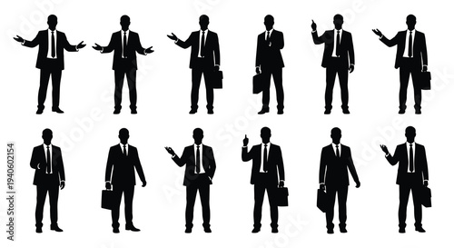 A collection of twelve black silhouettes depicting businessmen in suits various poses presenting or gesturing high quality professional detailed