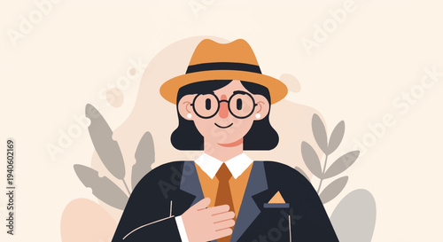 A stylishly dressed individual in a hat and suit, with a friendly expression and a botanical background