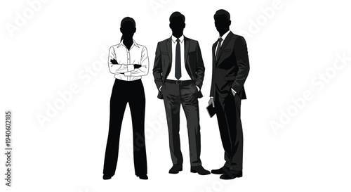 A stylized black and white illustration depicts three formally dressed figures suggesting a business team or professional group