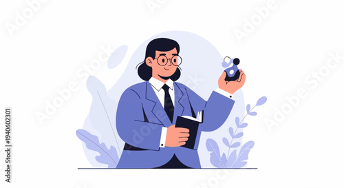 Scientist in a suit holding a molecular model and a book