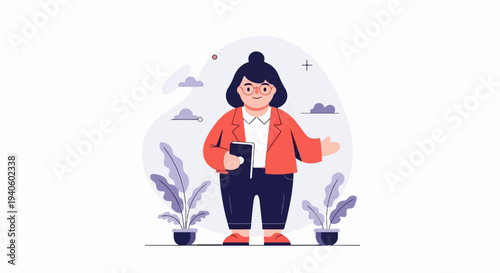 Stylized female figure in orange jacket, holding book, with plants and clouds
