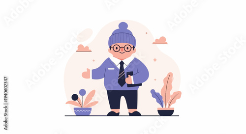 Cheerful cartoon character in a suit and beanie holds a tablet and gestures friendly