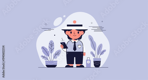 A stylized character in uniform holds a smartphone, surrounded by potted plants and medical supplies