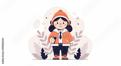 Cartoon character in orange coat and headphones holding a phone, with leaves and abstract shapes