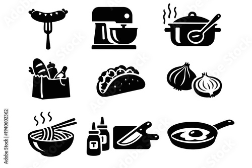 Cooking and kitchen icon set in black silhouette style: sausage on fork, stand mixer, steaming pot, spatula, groceries, taco, onion, noodles, sauces, frying egg. Great for recipe menus.