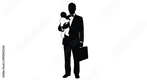 A silhouetted image depicts a formally dressed man tenderly holding a baby while carrying a briefcase high quality professional