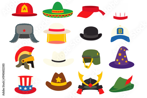 Collection of assorted costume hats and helmets: firefighter, sombrero, cowboy, wizard, military, samurai and more. Flat vector icons for cosplay, party, theater and character design.