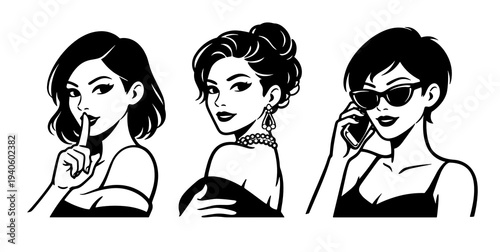Black and white glamorous women portraits set: shush gesture, elegant retro diva with pearls and earrings, and stylish lady in sunglasses talking on smartphone. Bold beauty line art.