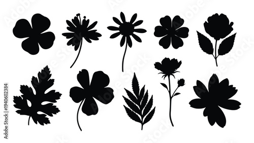 A collection of nine black flower and leaf silhouettes