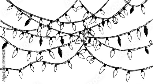 Black and white illustration of tangled christmas lights on a white background festive holiday decoration