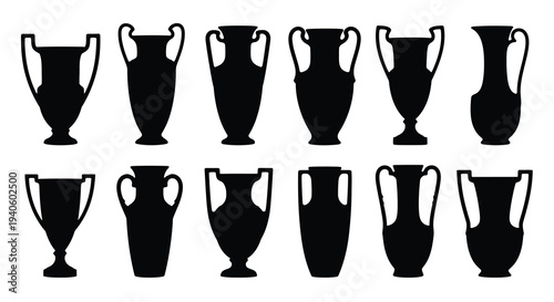A collection of ancient greek amphorae and vases are displayed in a black silhouette style exhibiting classical forms