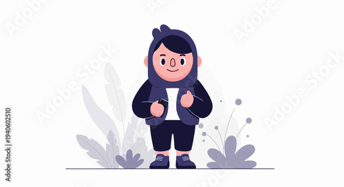 Stylized character in hoodie holding a phone, with abstract foliage