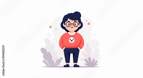 Cheerful rounded character with dark hair and glasses wears a red sweater and dark pants