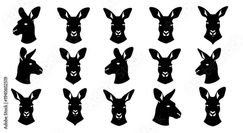 Collection of black donkey head silhouettes in various poses on white background