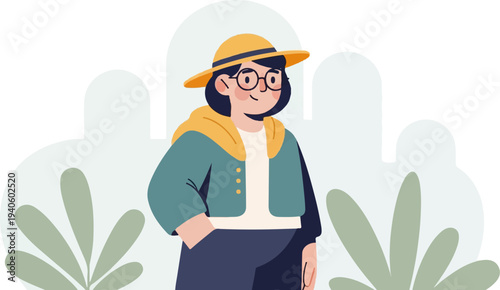 A cheerful person in a yellow hat and teal jacket stands among stylized greenery and abstract shapes