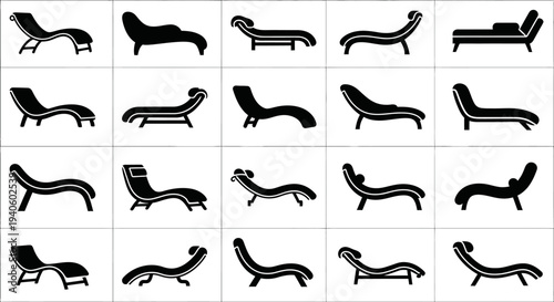 Collection of various black chaise lounge silhouettes on white background for design and decoration
