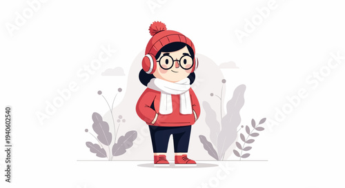 A cartoon child in winter attire, sporting headphones, a scarf, and glasses, stands amidst stylized plants
