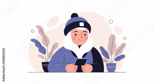 Person in warm clothing looking at a phone, surrounded by plants and abstract shapes