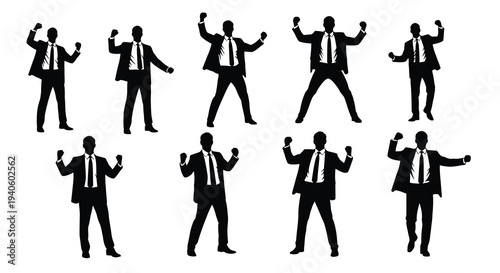 A collection of silhouetted businessmen celebrating with arms raised in various victorious and energetic poses against a white background